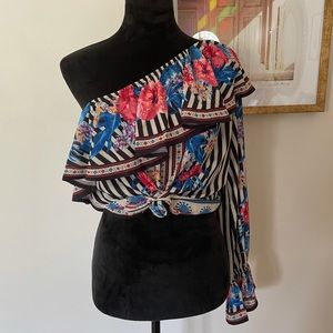 Flying Tomato Floral Striped One Shoulder Top